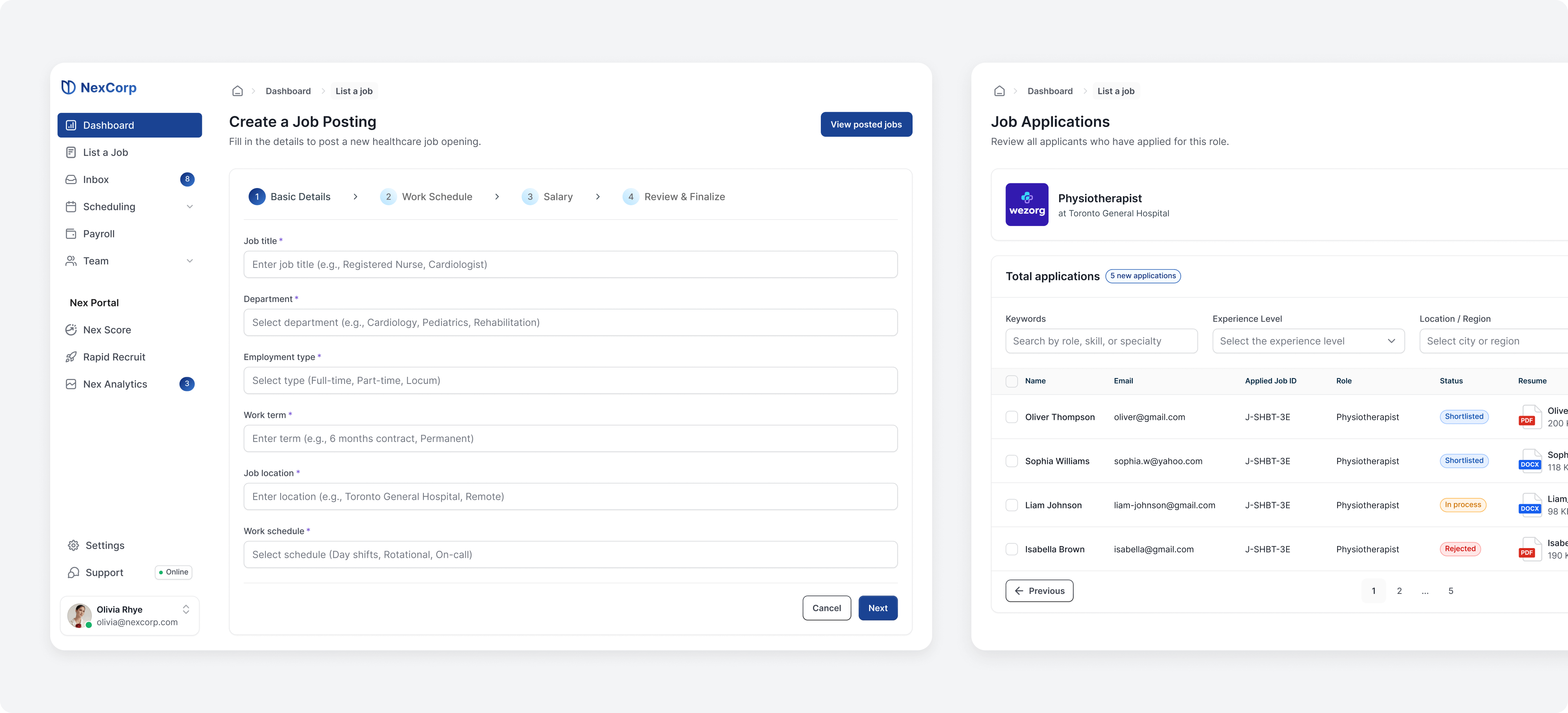 NexCorp hiring dashboard and job search app mockups