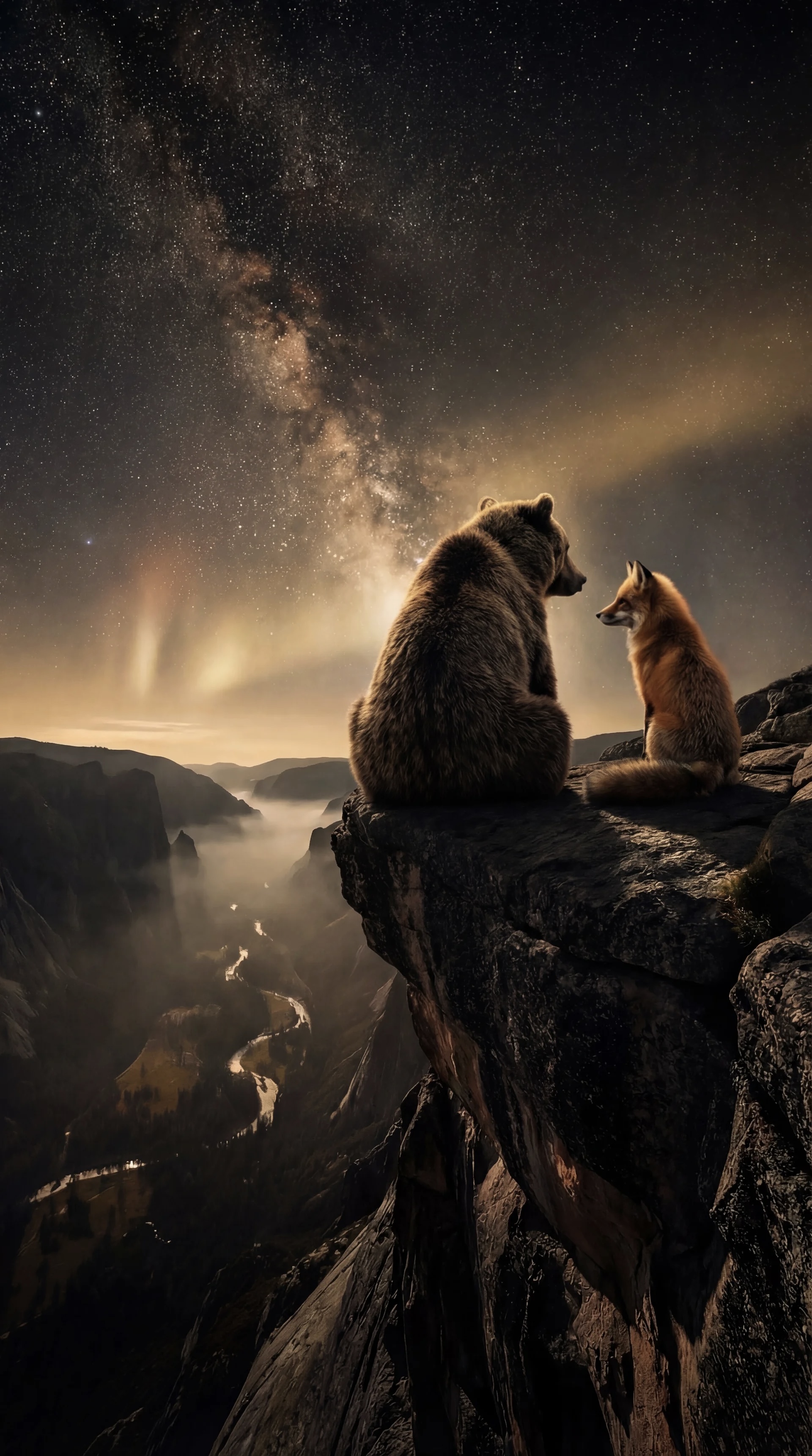 Fox and Bear facing each other under the Milky Way