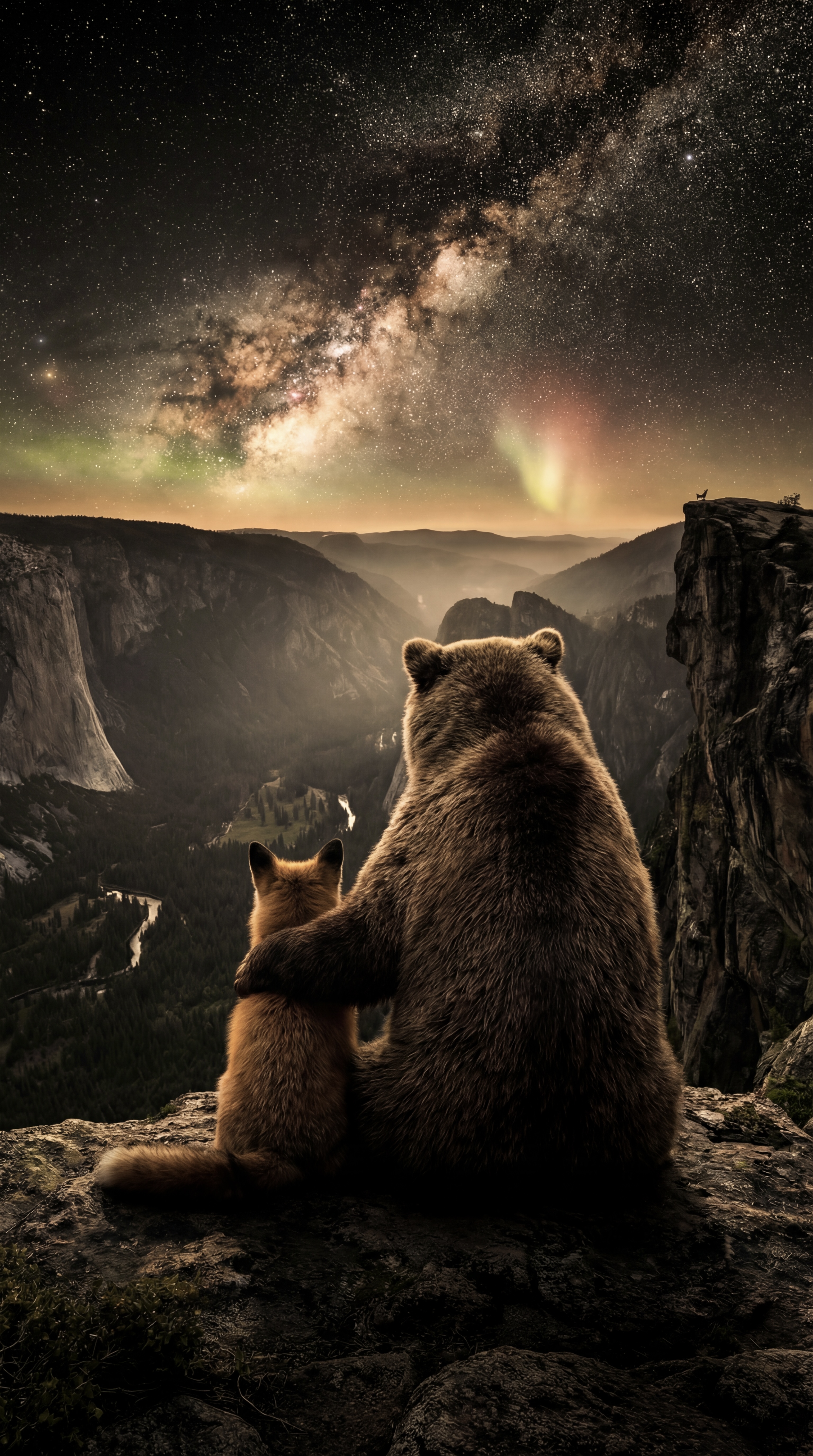 Fox and Bear on a mountain cliff under the stars