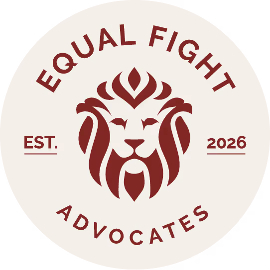 Logo featuring a stylized lion head in maroon with the text 'EQUAL FIGHT' above, 'ADVOCATES' below, and 'EST. 2025' on either side.