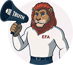 Muscular lion character wearing a white EFA shirt, holding a megaphone labeled 'TRUTH'.