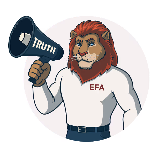 Lion mascot holding a megaphone with the word “TRUTH” representing whistleblowing and accountability in the legal system