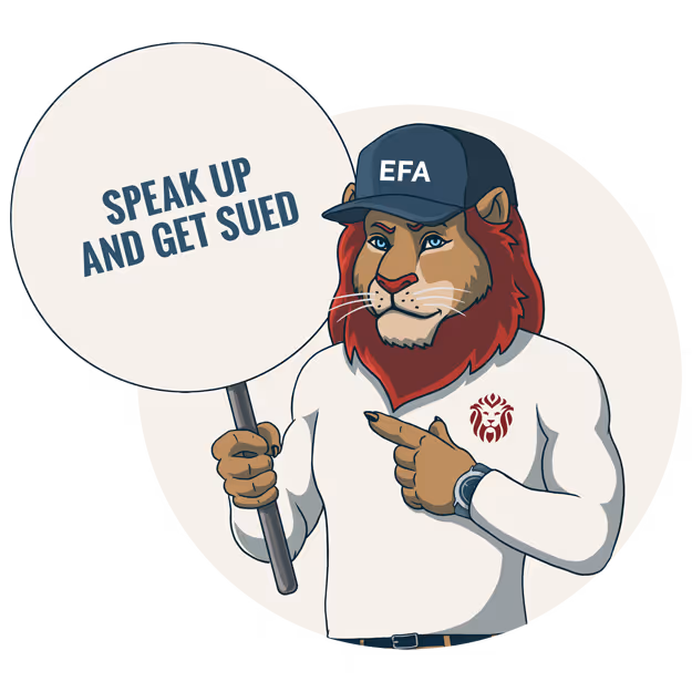 Lion mascot holding sign 'Speak up and get sued' representing legal risks of breaking NDAs