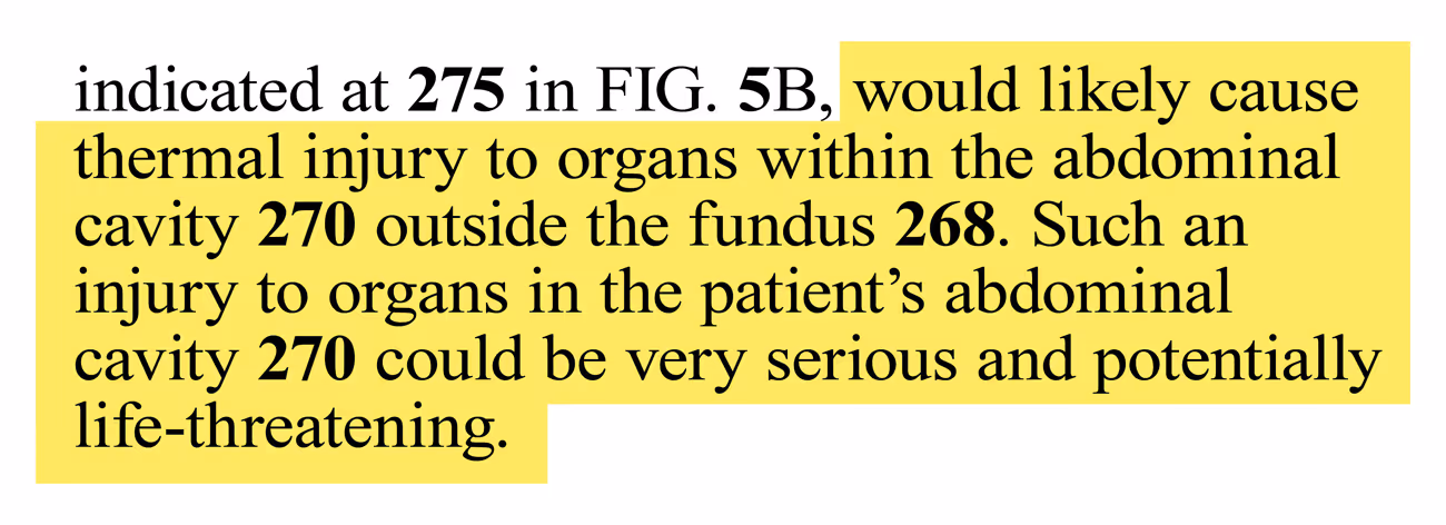 Text explaining thermal injury risks to abdominal cavity organs, highlighting potential life-threatening effects.