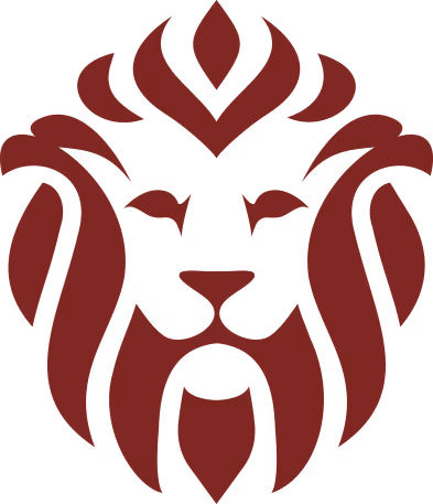 Stylized maroon lion head logo with a mane forming symmetrical patterns.
