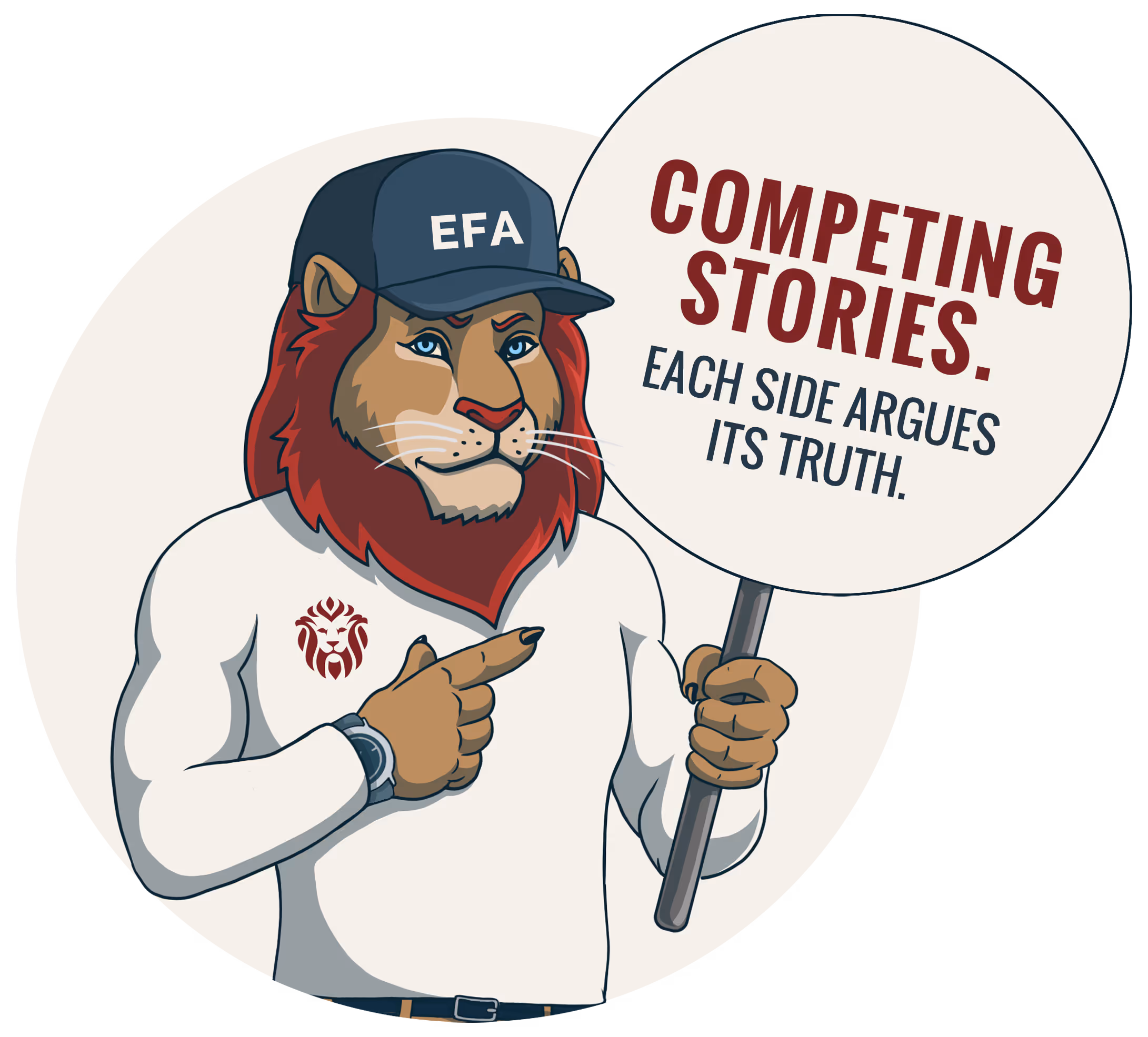 Waylon holding sign about competing stories in lawsuits where each side presents its version of truth