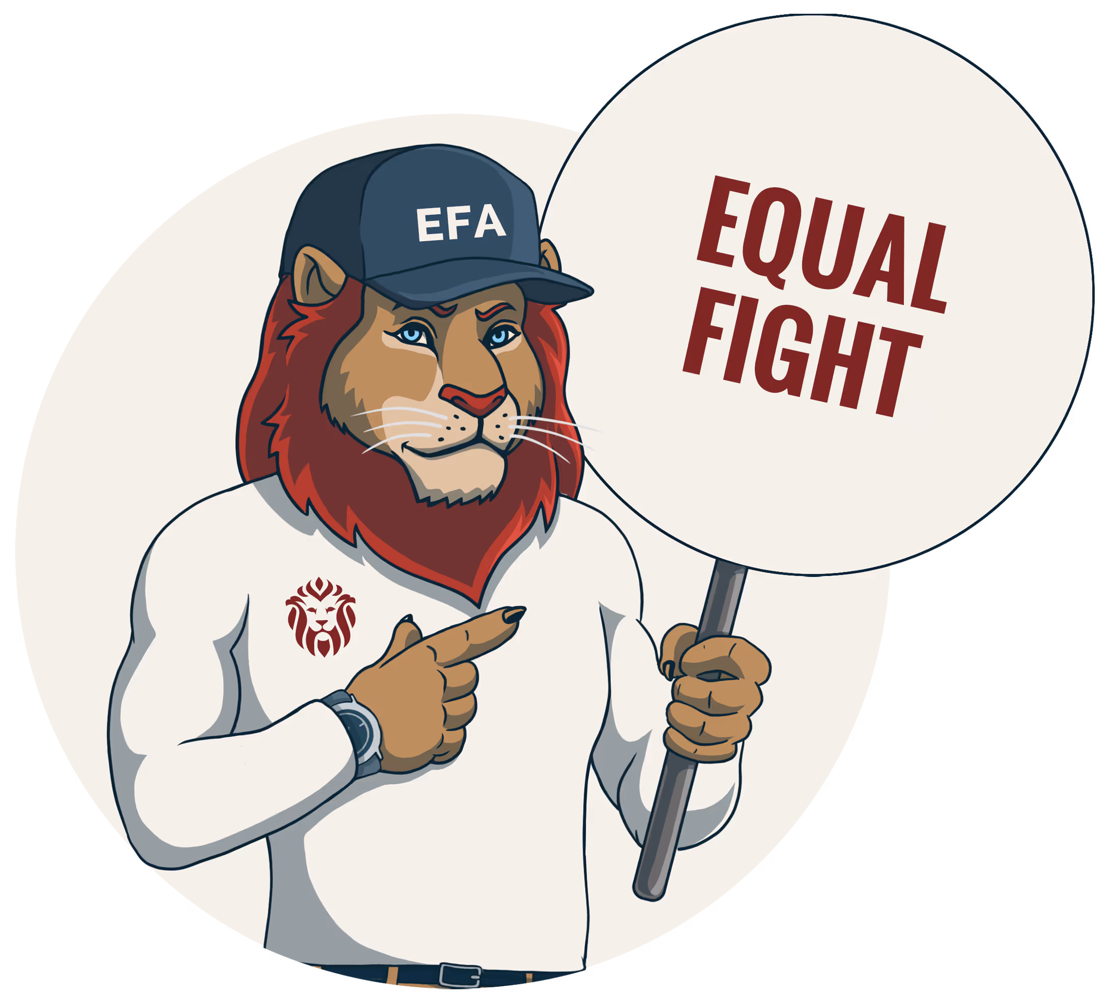Lion mascot holding a sign reading “EQUAL FIGHT.” representing fairness and equal justice in the legal system