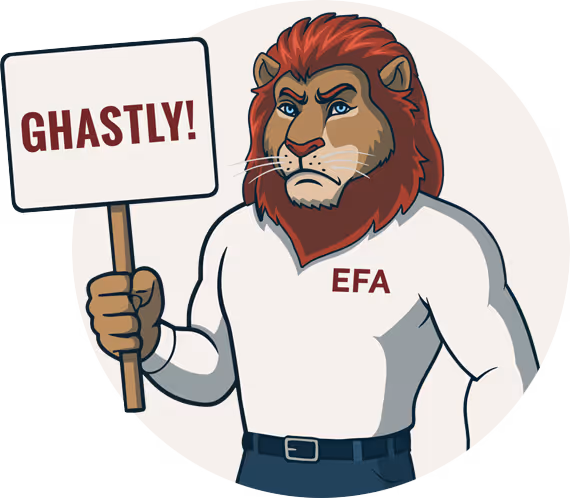Lion mascot holding a “GHASTLY!” sign representing hidden forces that shape legal outcomes and avoid accountability