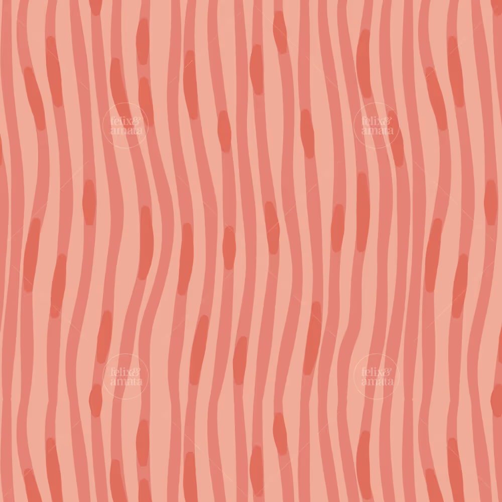 Vertical pink lines with smaller dark peach lines overtop, an abstraction of a microscopic view of cells. Number six of six patterns in the Summer Lawn pattern collection - Sunrise colorway.