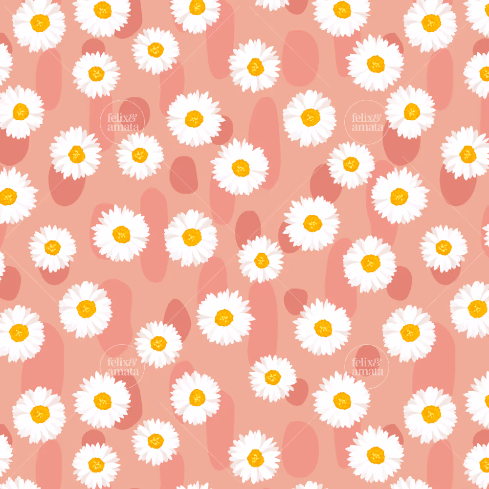 Dots of white Enligh daisys and multi color pink dots on a peach pink background. Number two of six patterns in the Summer Lawn pattern collection - Sunrise colorway.