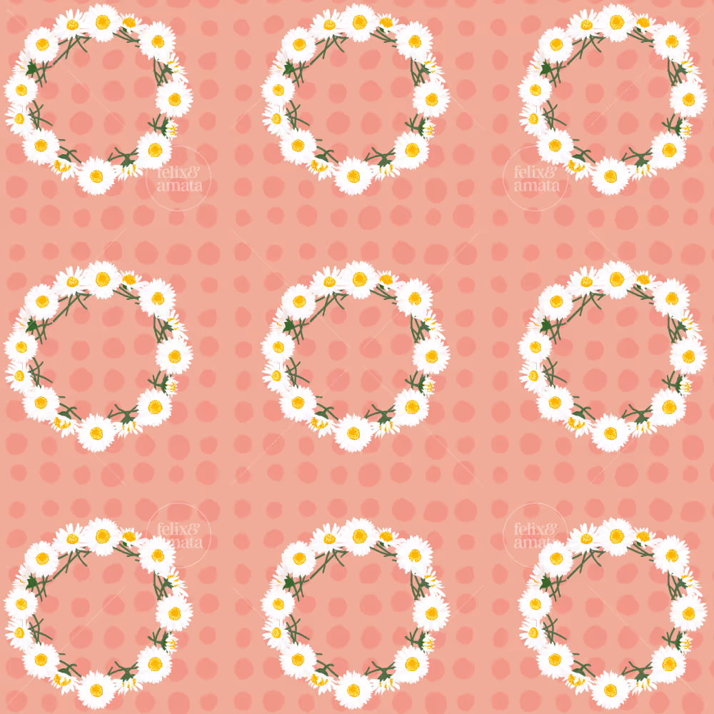 A circle of English daisys–a flower crown-on a background of handrawn pink polka dots on peach pink. Number five of six patterns in the Summer Lawn pattern collection - Sunrise colorway.