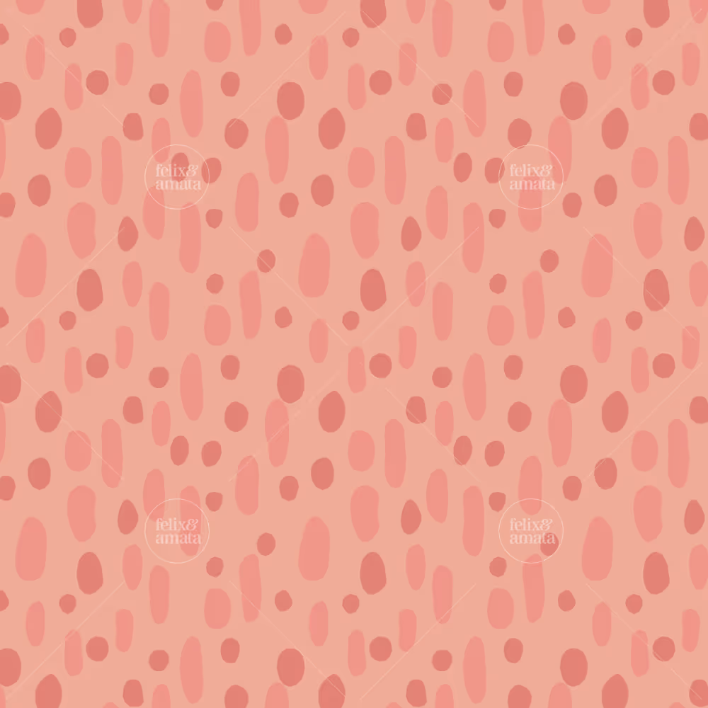 Hand drawn pink oblong dots on a background of soft peach pink, the look of dappled sun. Number four of six patterns in the Summer Lawn pattern collection - Sunrise colorway.