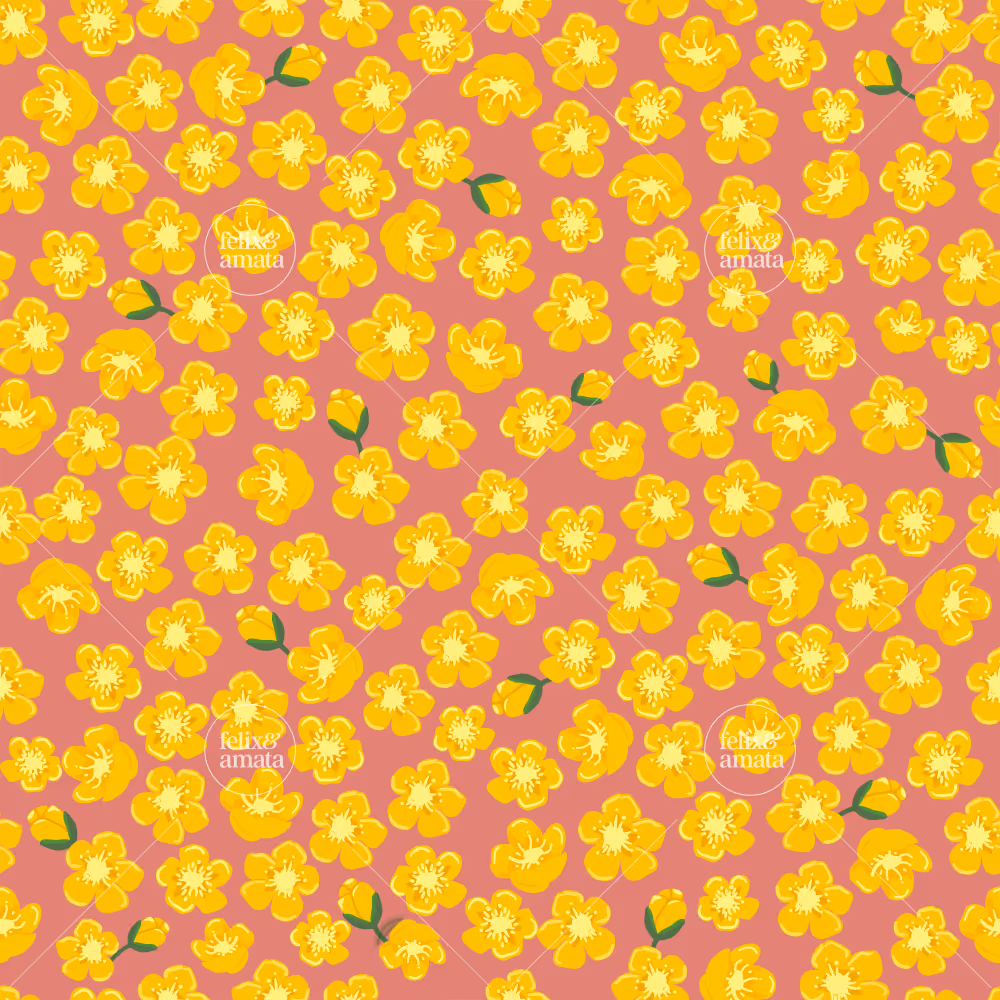A drift of bright yellow buttercups on a ground of deep peach pink. Number three of six patterns in the Summer Lawn pattern collection - Sunrise colorway.