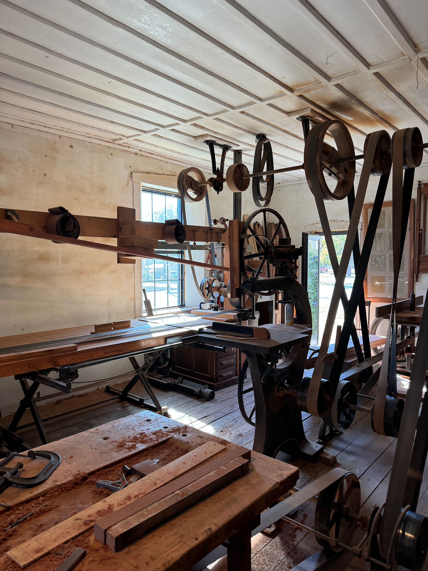 Historic woodworking shop in Humboldt, Kansas with vintage tools and machinery
