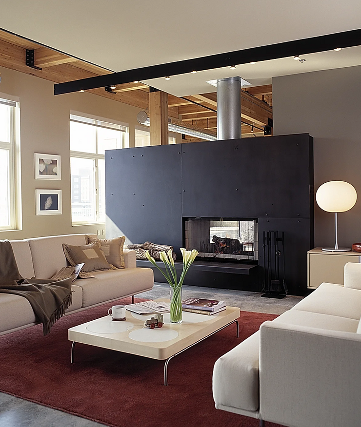 Relaxed living scene in a modern loft with cozy seating and natural light