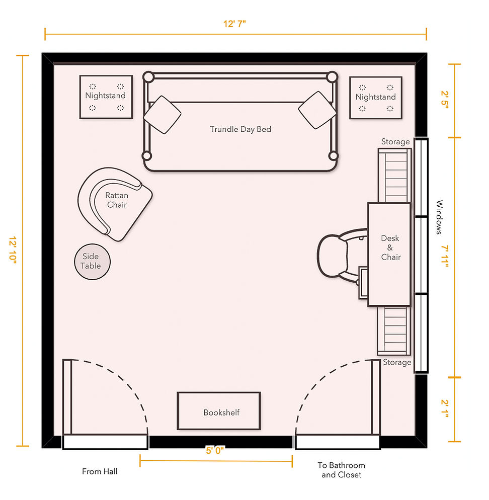 Bedroom floor plan layout showing trundle day bed, desk by window, rattan chair seating area, and storage placement for a child’s room