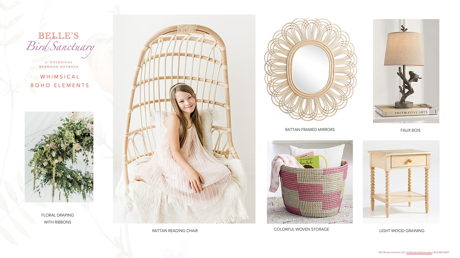 Design board featuring rattan chair, woven mirror, light wood furniture, and floral accents for a whimsical boho-inspired children’s bedroom