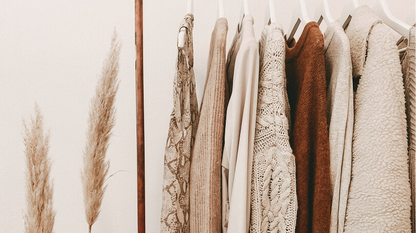Neutral-toned cozy sweaters and a snake print blouse hanging on a rack beside pampas grass decor.