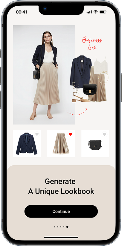 Mobile app screen showing a 'Business Look' with a woman wearing a navy blazer, white top, beige pleated skirt, and sandals, alongside matching clothing and accessories.