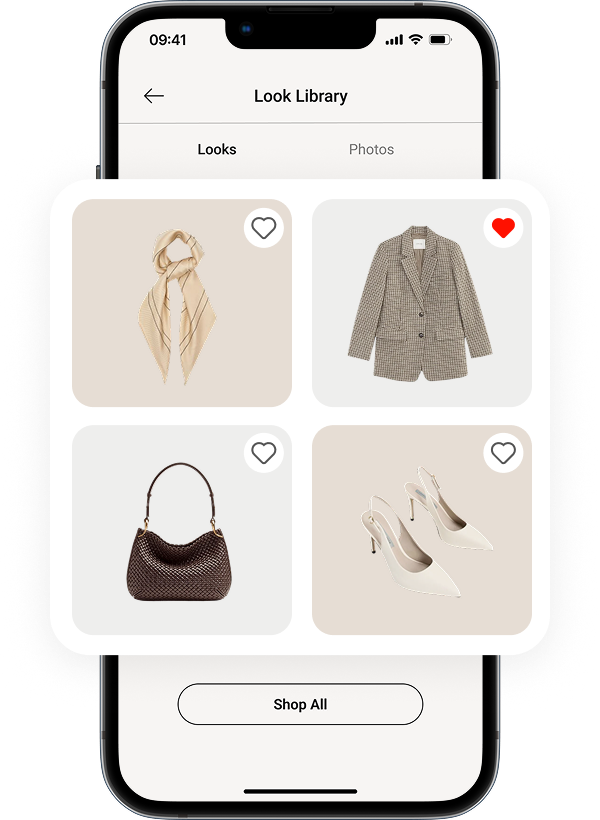 Mobile screen showing a Look Library app with four fashion items: beige scarf, checked blazer with a red heart icon, brown woven handbag, and white slingback heels.