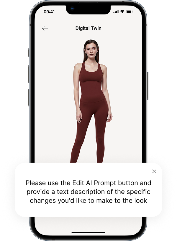 Smartphone screen displaying a digital twin of a woman in a maroon workout outfit with a message box instructing to use the Edit AI Prompt button to describe specific changes to the look.