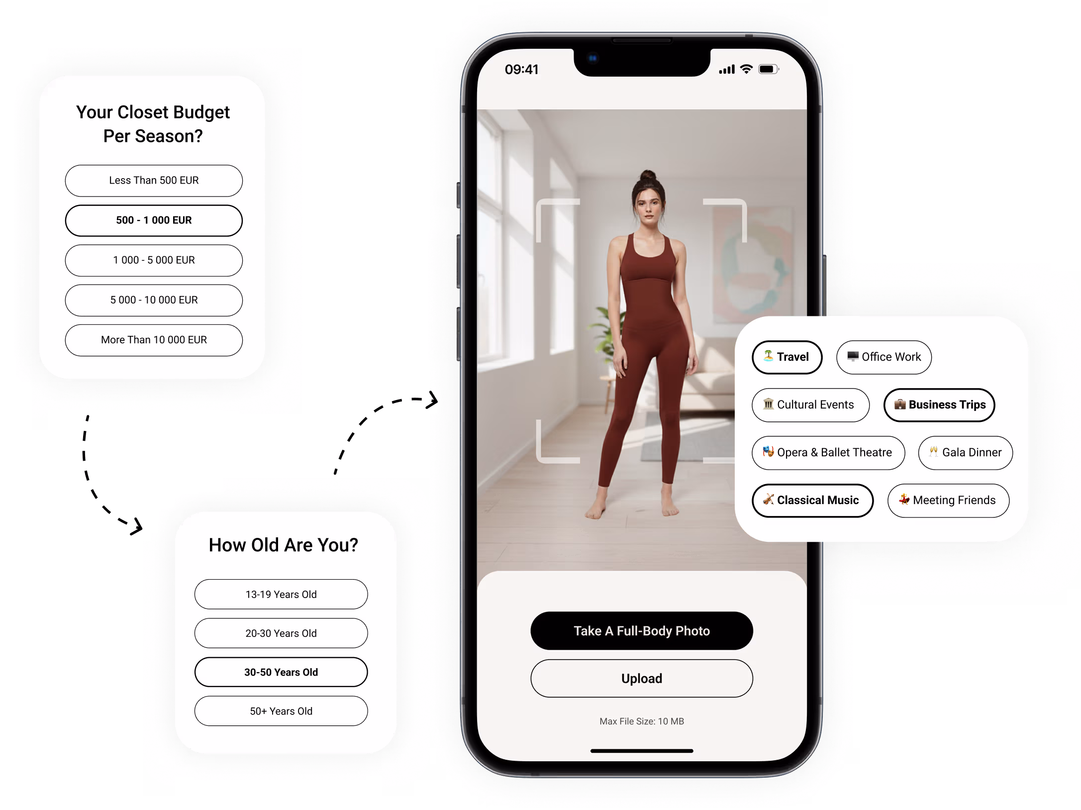 Smartphone screen shows a full-body photo capture app with a woman in maroon activewear, options for closet budget and age range selections, and activity tags like Travel, Business Trips, and Classical Music.