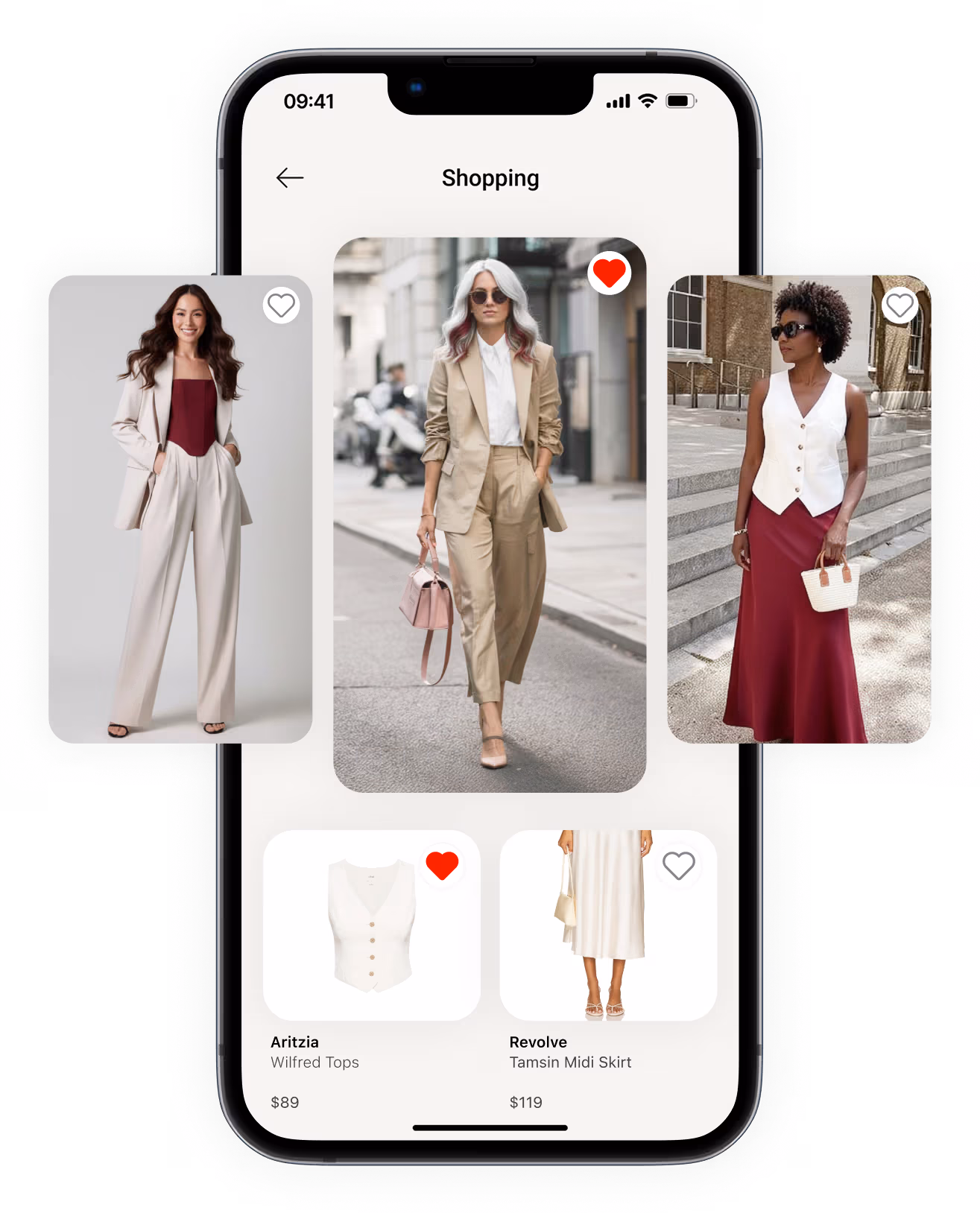 Mobile shopping app screen displaying women’s fashion including a beige suit, white vest, and burgundy skirt, with favorite items marked by red hearts.