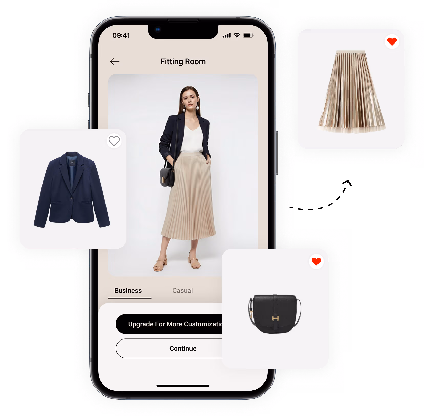 Mobile phone screen showing a virtual fitting room with a woman wearing a navy blazer, white top, beige pleated skirt, and sandals, surrounded by icons of a navy blazer, beige pleated skirt, and black handbag.