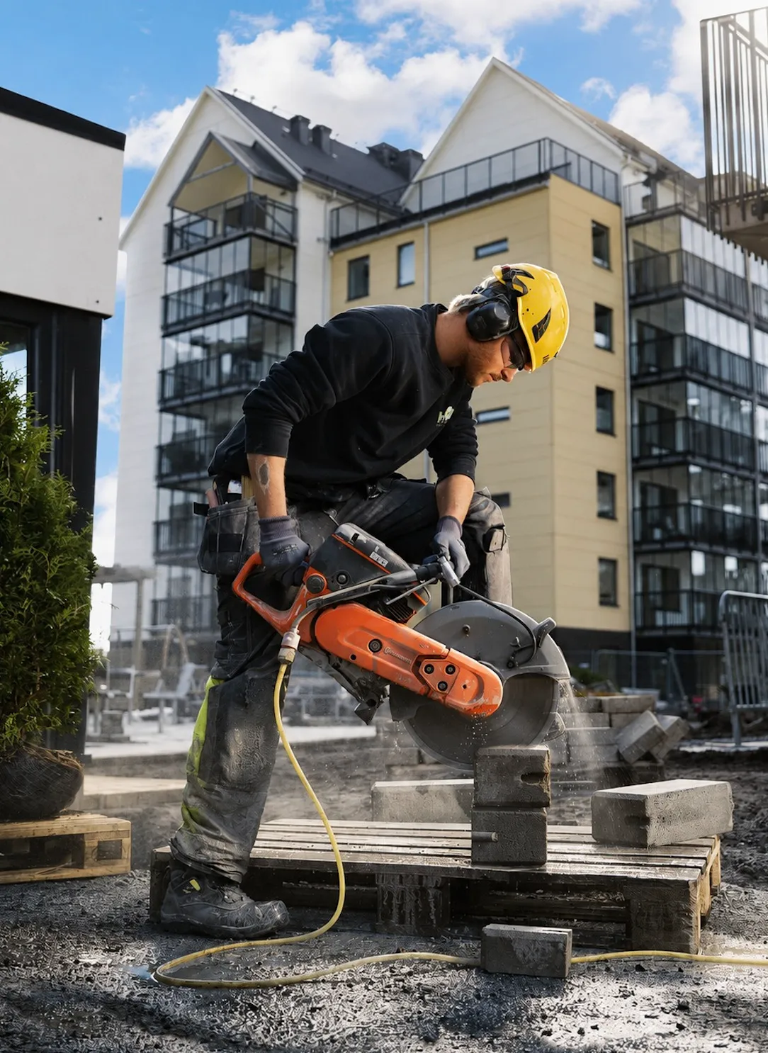 Construction worker cutting concrete blocks with Husqvarna equipment