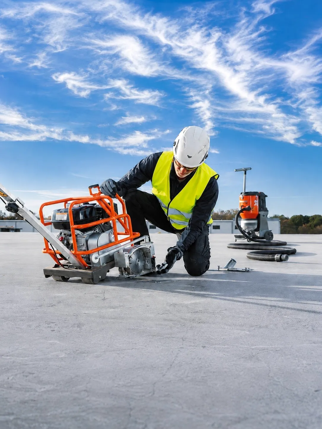 Worker operating Husqvarna concrete cutting equipment on a construction site