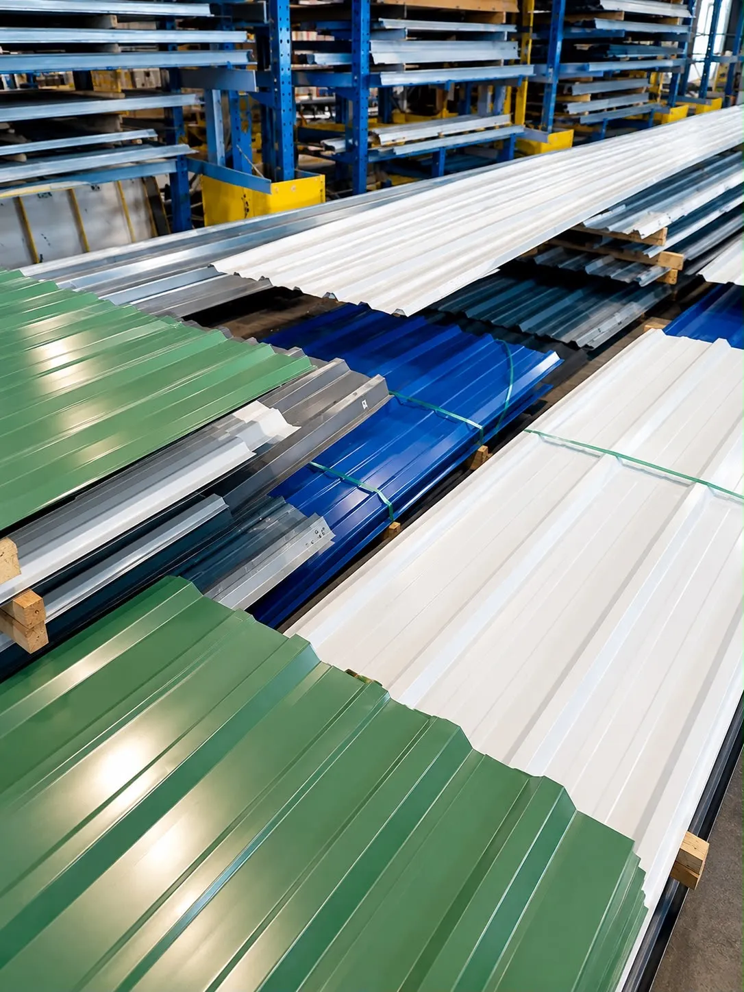 NuVue metal roofing panels stored in warehouse inventory