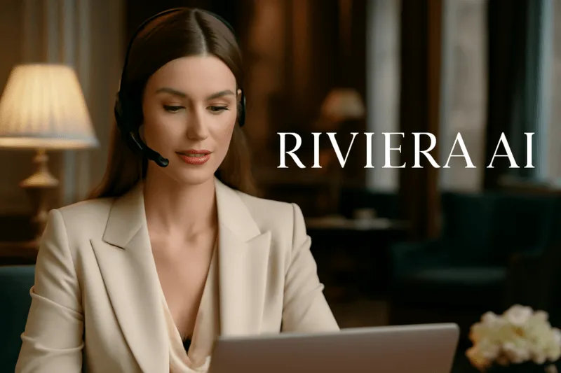 A professional woman in a luxury office environment, wearing a headset and working on a laptop, with 'RIVIERA AI' displayed on the screen. She is focused on delivering high-end customer service through AI automation.