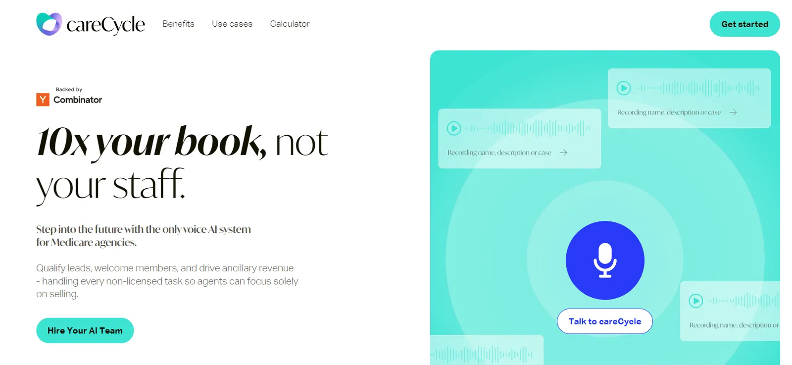careCycle homepage showcasing AI-powered voice assistant for Medicare agencies to automate lead qualification and member onboarding.