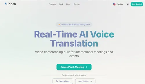 Pinch homepage showcasing real-time AI voice translation for international video meetings with desktop app preview and demo options