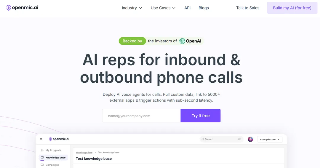 OpenMic AI homepage promoting AI voice agents for inbound and outbound phone calls, with integration to 5000+ apps and sub-second latency.