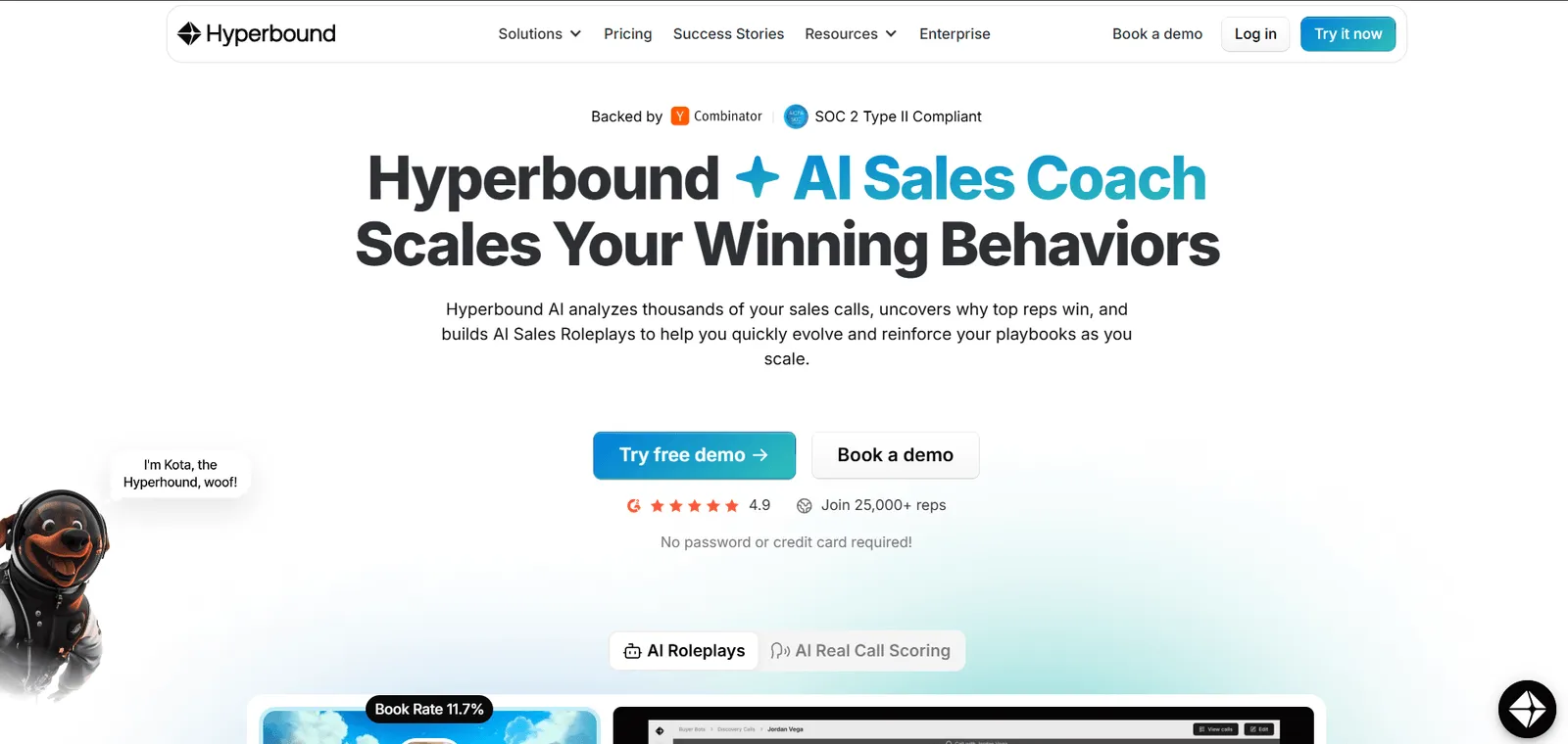 Hyperbound AI Sales Coach platform homepage showcasing real-time AI voice analysis, sales roleplays, and call scoring tools to scale winning sales behaviors with AI-powered speech solutions and voice recognition technology.