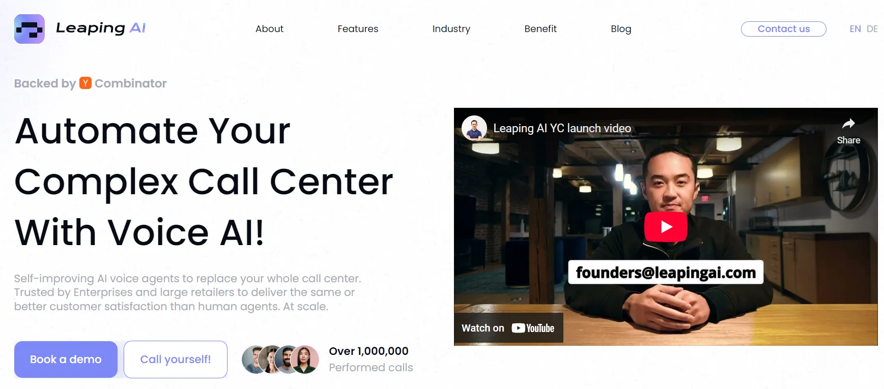 Leaping AI homepage showcasing voice AI call center automation, with a promotional video and options to book a demo or test the service.