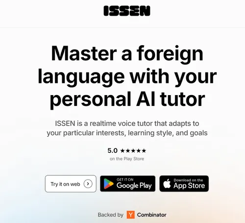 ISSEN language learning app interface promoting AI-powered personal voice tutor for mastering foreign languages