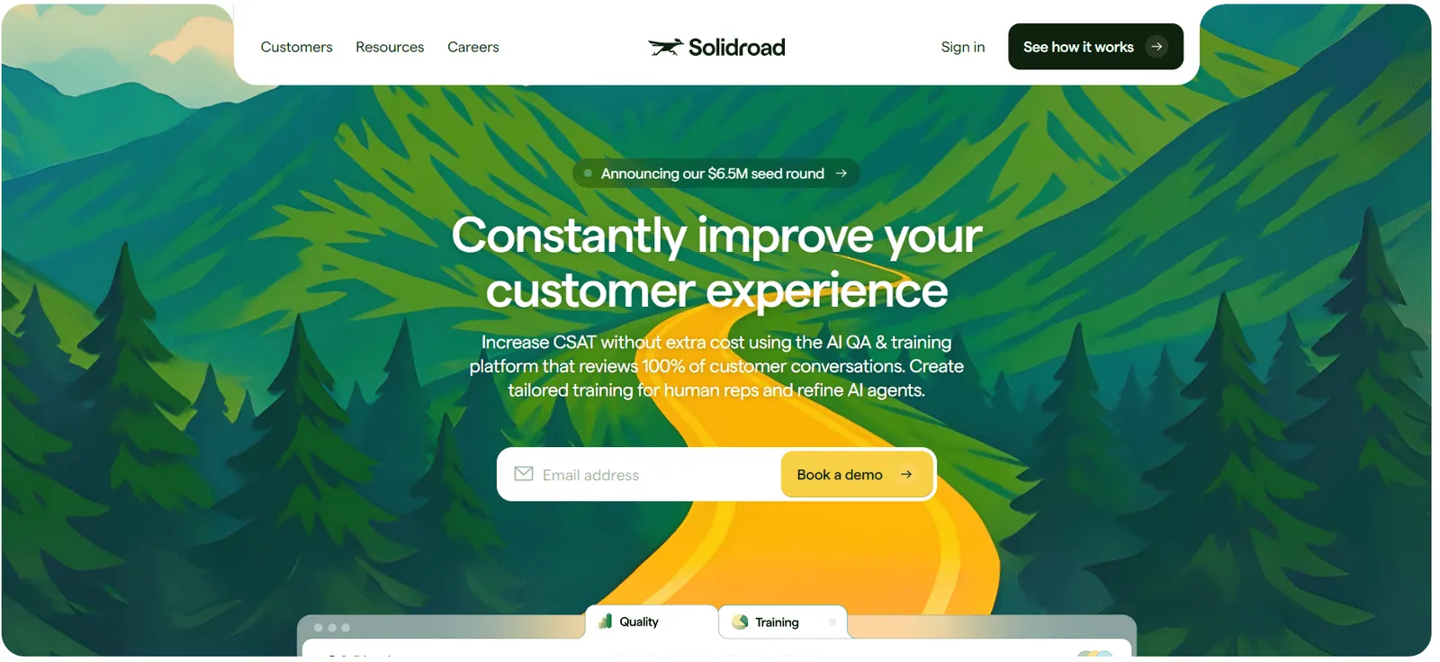 SolidRoad homepage highlighting its AI QA and training platform to enhance customer experience with automated reviews and tailored agent training