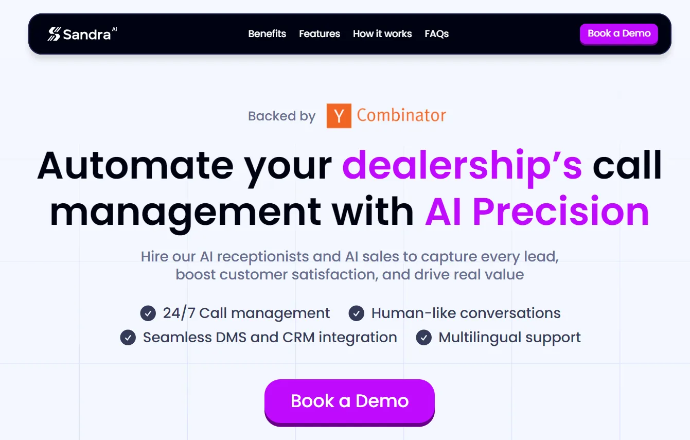 Homepage of Sandra AI showcasing automated call management for dealerships with AI receptionists and Y Combinator backing
