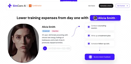 SimCare AI demo with virtual patient Alicia Smith and guided care workflow.
