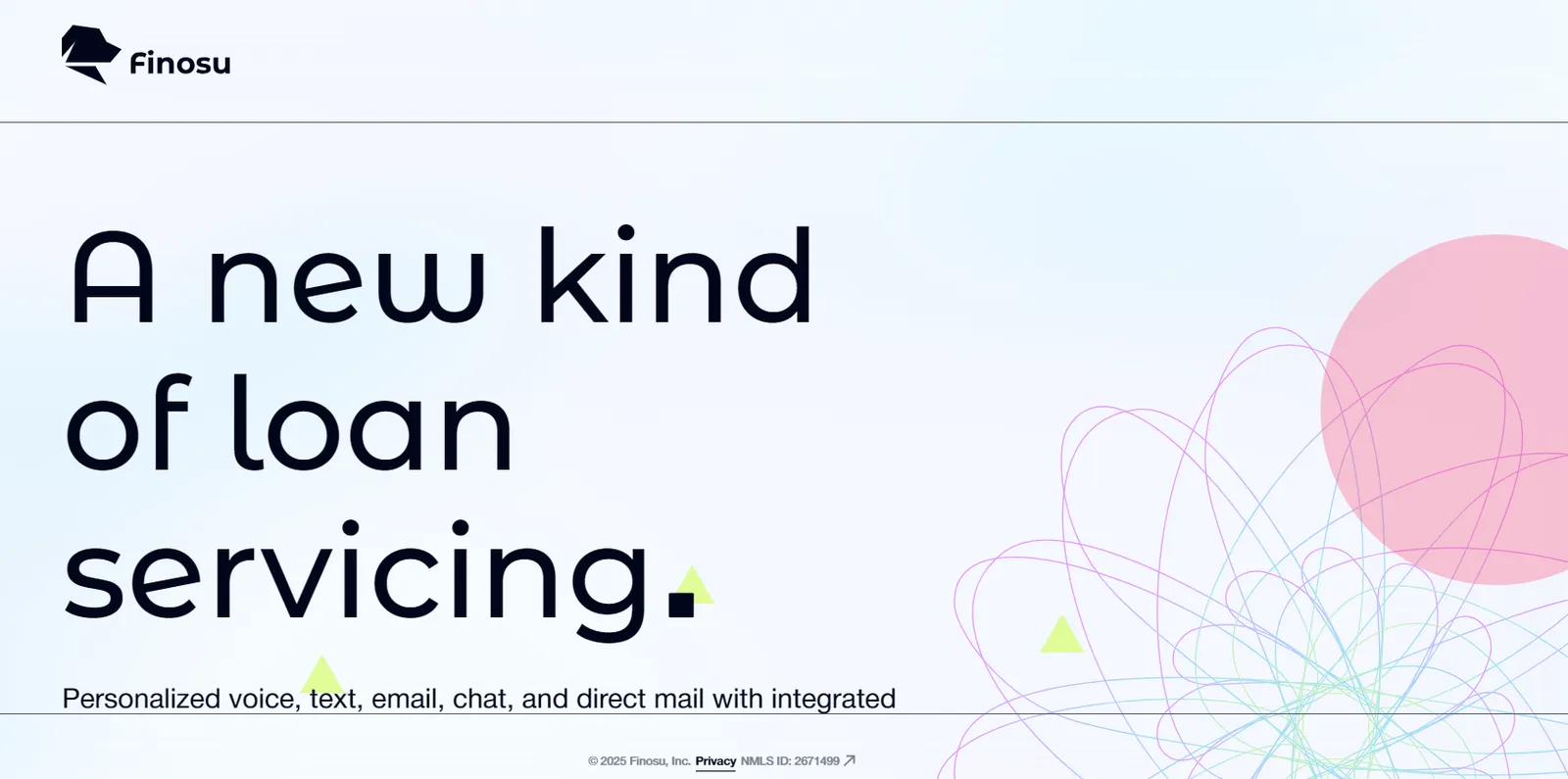 Finosu homepage showcasing a modern approach to loan servicing with personalized communication channels