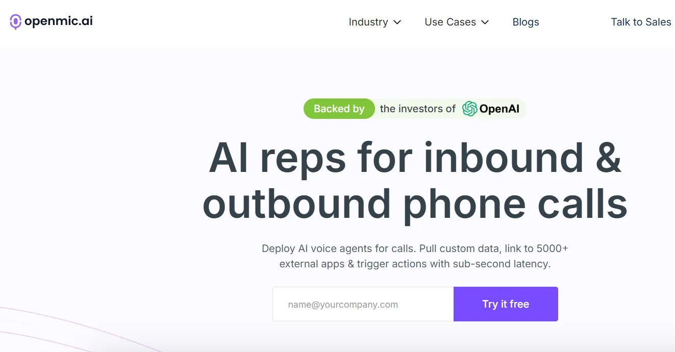 the image is showing OpenMic voice AI Agent's homepage where they are providing free demo to try this voice AI