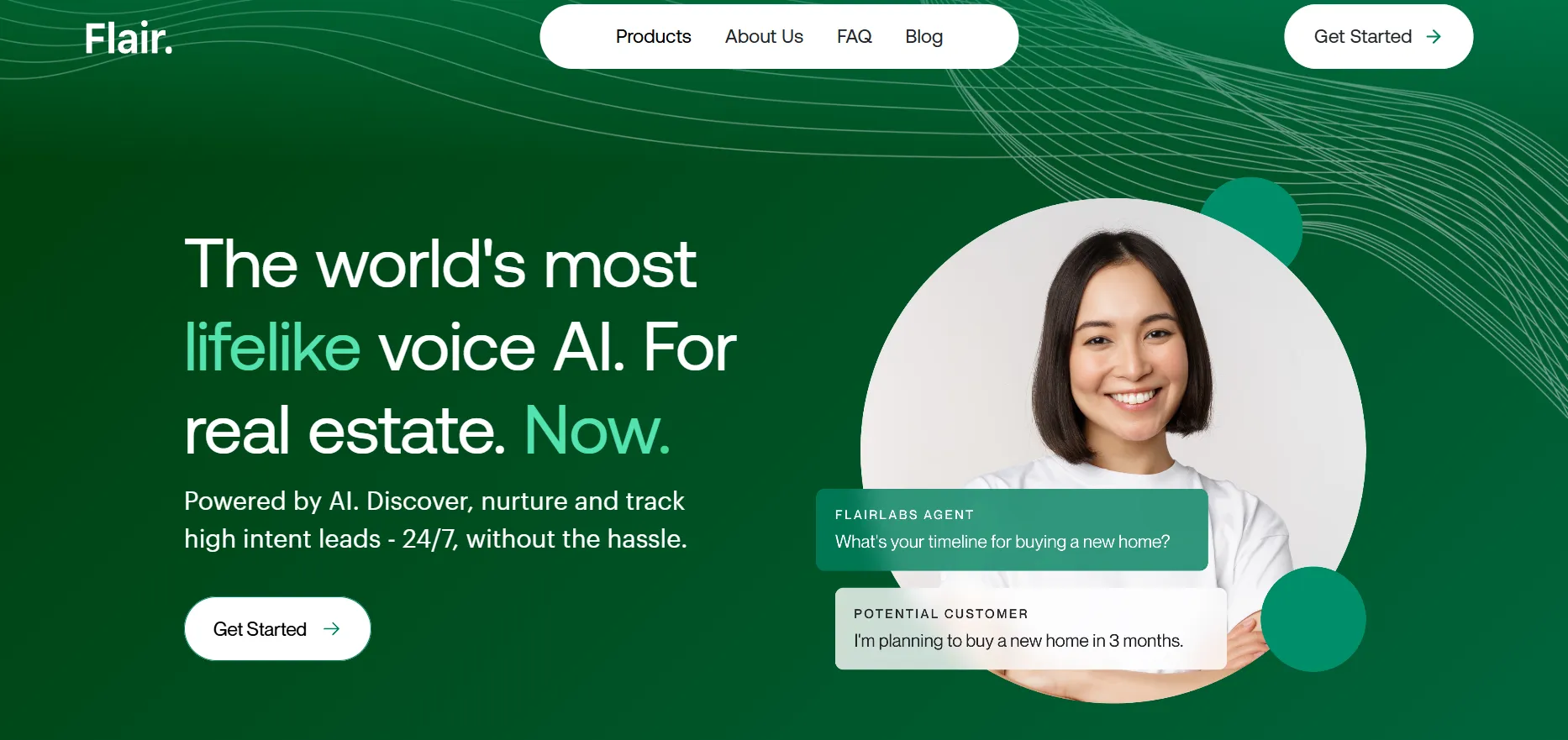 Flair Labs AI Voice Assistant for Real Estate - Lifelike AI helping businesses discover, nurture, and track high-intent leads 24/7 in the real estate sector.