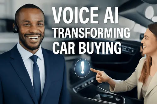 A real estate agent assisting a customer using AI-powered technology, with a voice assistant interface displayed on a screen, guiding the customer through the car-buying process