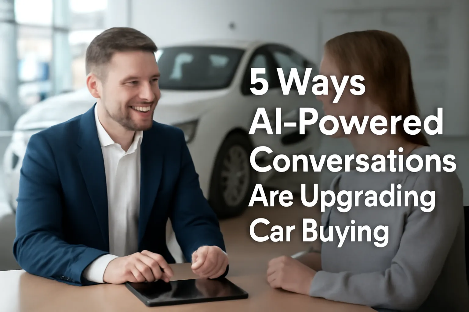 A dealership customer interacting with an AI-powered voice assistant, displayed on a tablet, to explore car options, showcasing the future of car buying with AI.