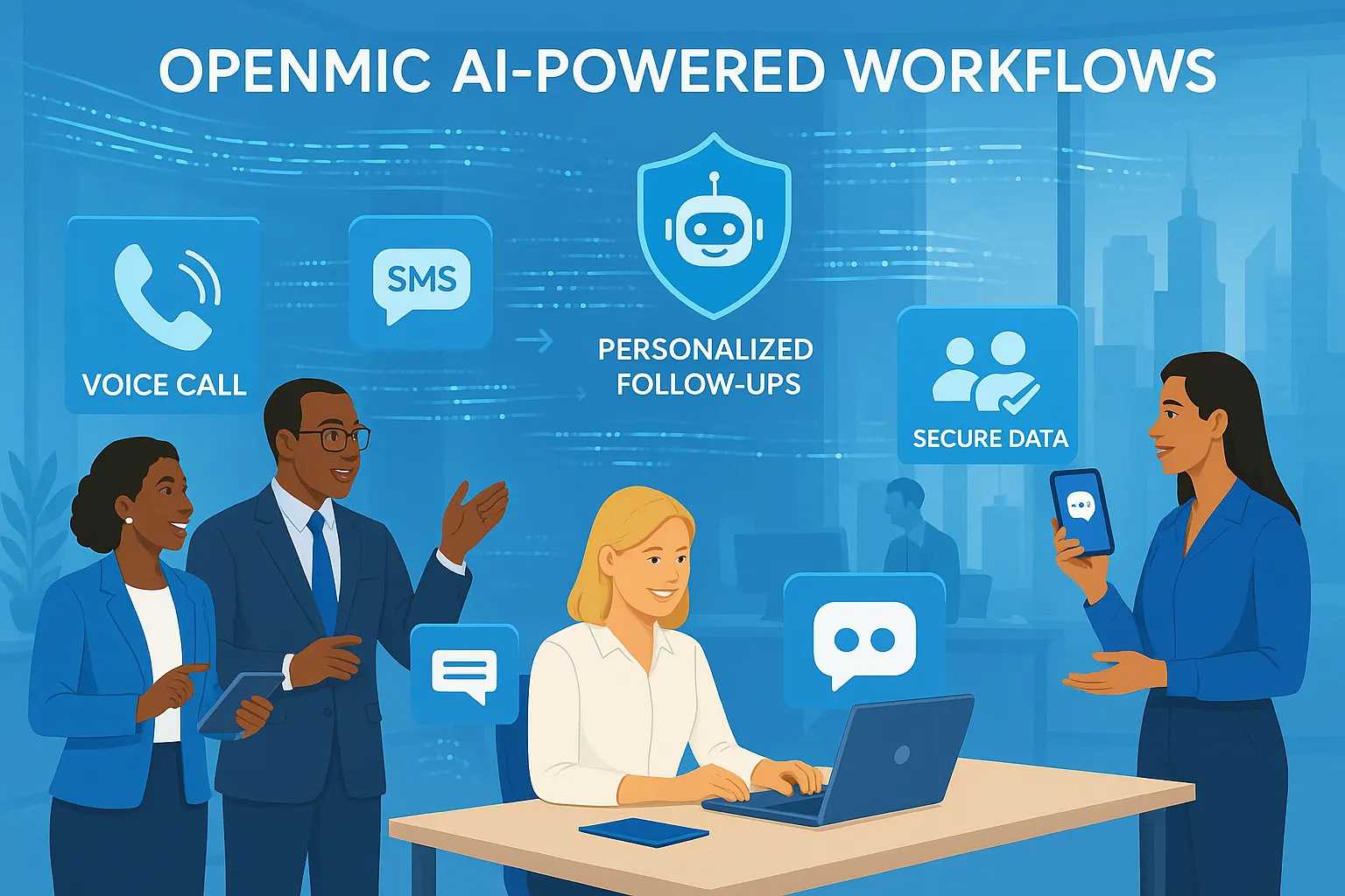 A graphic illustrating how OpenMic AI automates business workflows, with a central AI hub connecting icons for customer service, sales, and data to enhance productivity and efficiency.