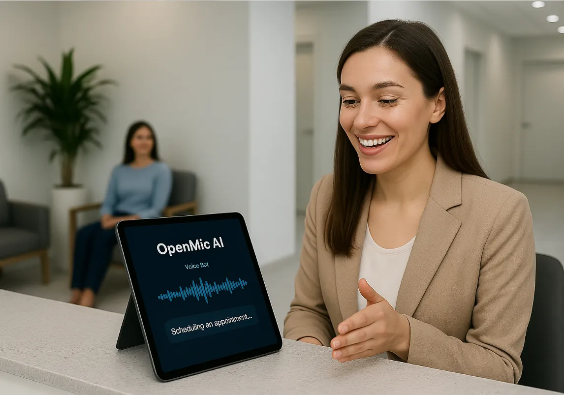 A 2025 dental practice reception showcasing seamless voice interaction between staff and AI technology for efficient patient scheduling and communication.