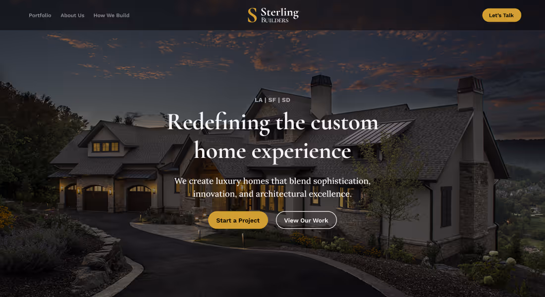 The hero section for a Sterling Builders's website.