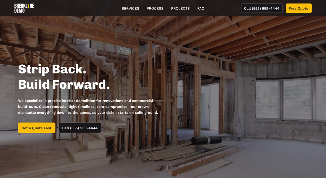 The hero section for a Breakline Demo's website.